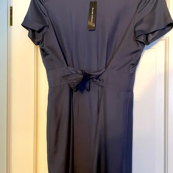 Ellen Tracy Slate blue silk dress with self tie belt. Size 10. Fully lined.  New